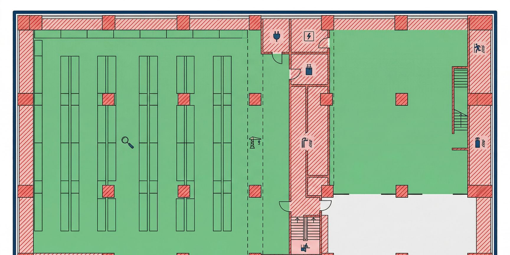 Stylized floor plan of a logistics property for visualizing gross storage area and net usable area, including column grids, technical rooms and circulation areas for space efficiency